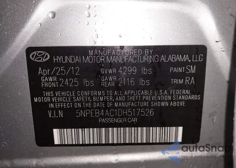 2013 Hyundai Sonata Gls from USA, damaged, VIN 5NPEB4AC1DH517526